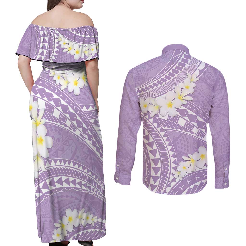 Polynesian Vintage Floral Couples Matching Off Shoulder Maxi Dress and Long Sleeve Button Shirt Lavender Motifs - Polynesian Pride