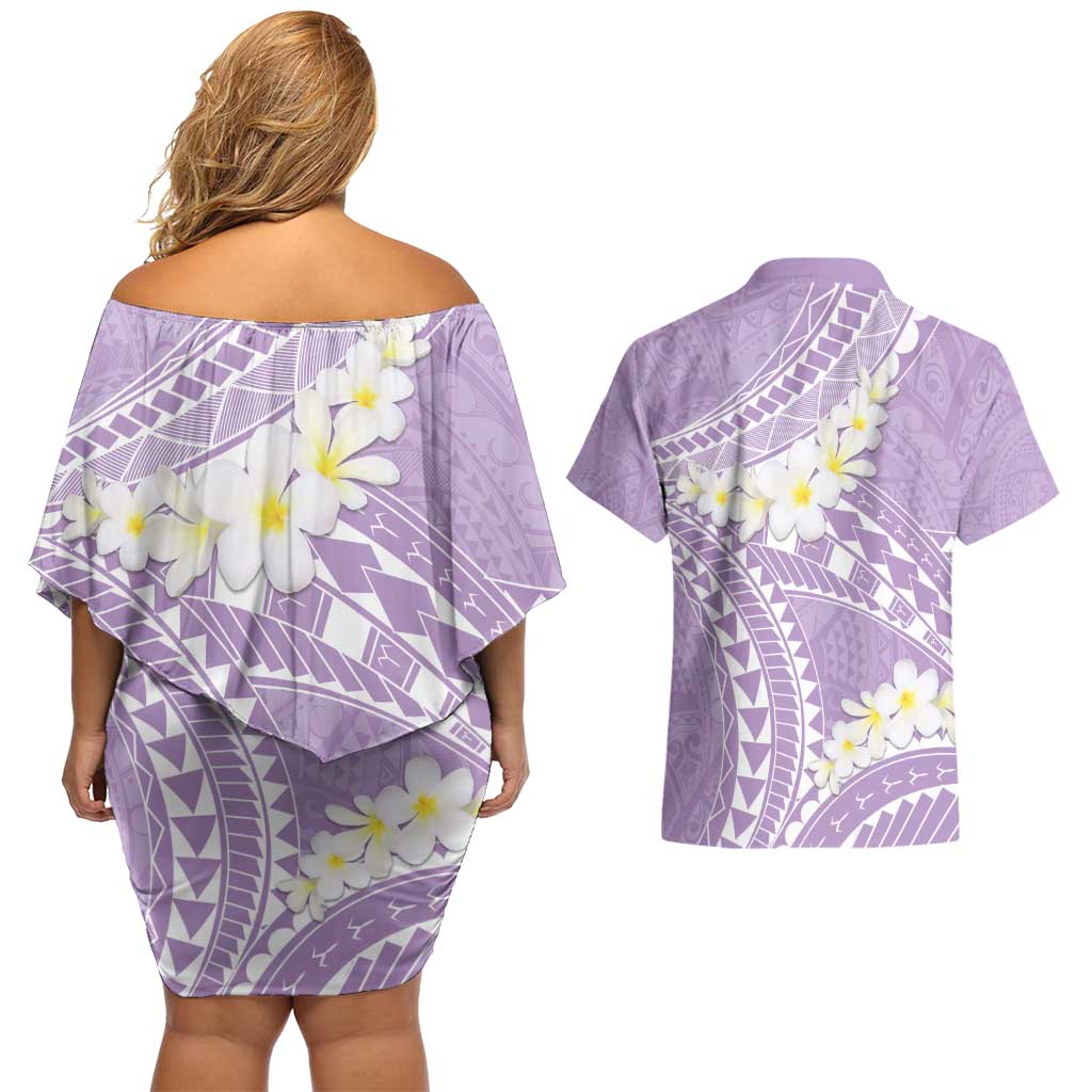 Polynesian Vintage Floral Couples Matching Off Shoulder Short Dress and Hawaiian Shirt Lavender Motifs - Polynesian Pride
