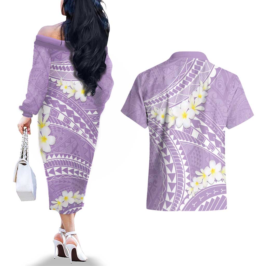 Polynesian Vintage Floral Couples Matching Off The Shoulder Long Sleeve Dress and Hawaiian Shirt Lavender Motifs - Polynesian Pride