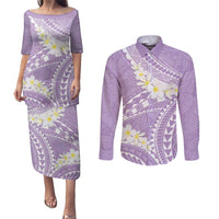 Polynesian Vintage Floral Couples Matching Puletasi and Long Sleeve Button Shirt Lavender Motifs - Polynesian Pride