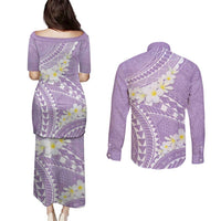 Polynesian Vintage Floral Couples Matching Puletasi and Long Sleeve Button Shirt Lavender Motifs - Polynesian Pride