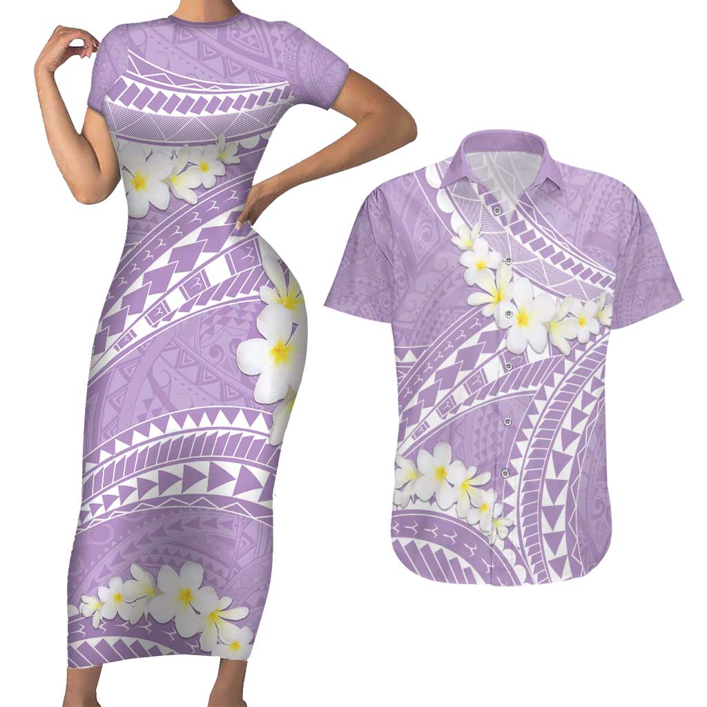 Polynesian Vintage Floral Couples Matching Short Sleeve Bodycon Dress and Hawaiian Shirt Lavender Motifs - Polynesian Pride