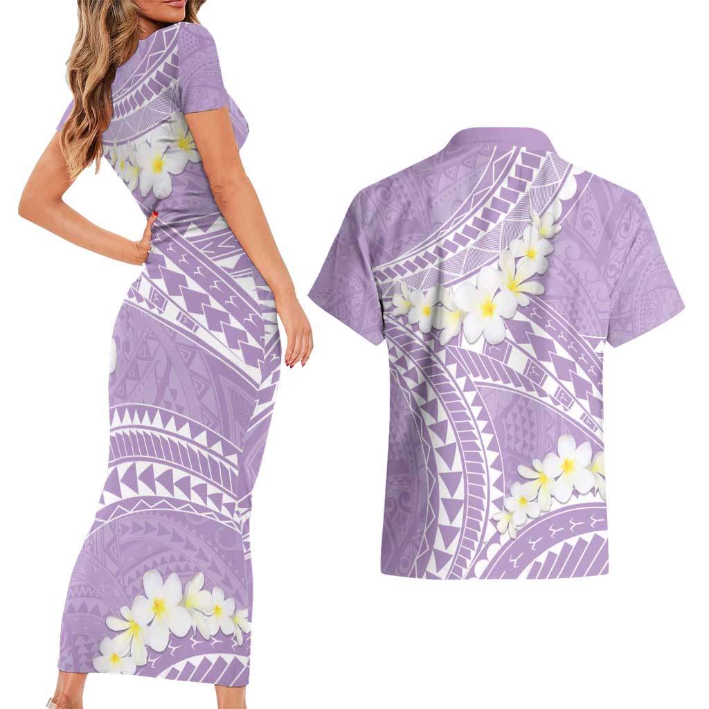 Polynesian Vintage Floral Couples Matching Short Sleeve Bodycon Dress and Hawaiian Shirt Lavender Motifs - Polynesian Pride