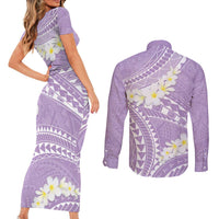 Polynesian Vintage Floral Couples Matching Short Sleeve Bodycon Dress and Long Sleeve Button Shirt Lavender Motifs - Polynesian Pride