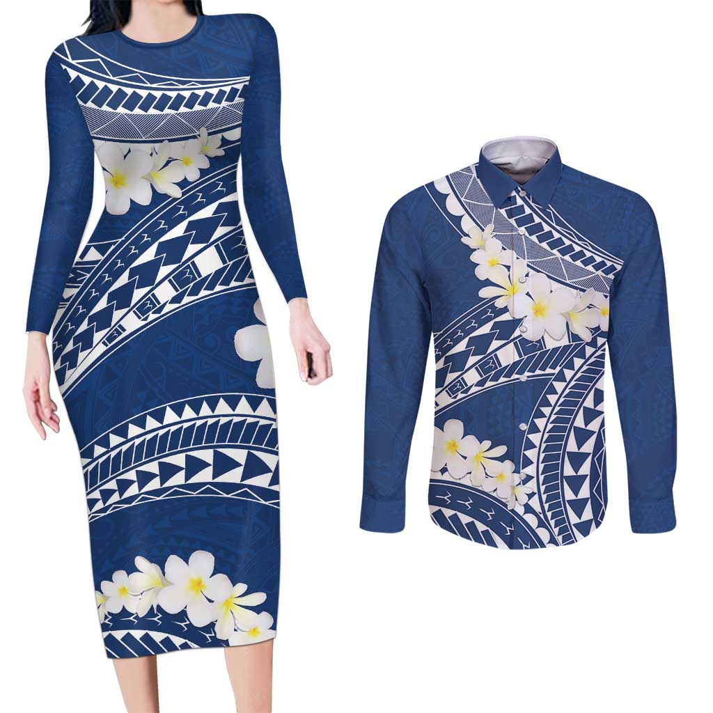Polynesian Vintage Floral Couples Matching Long Sleeve Bodycon Dress and Long Sleeve Button Shirt Navy Blue Motifs - Polynesian Pride