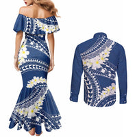 Polynesian Vintage Floral Couples Matching Mermaid Dress and Long Sleeve Button Shirt Navy Blue Motifs - Polynesian Pride