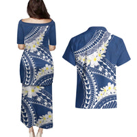 Polynesian Vintage Floral Couples Matching Puletasi and Hawaiian Shirt Navy Blue Motifs - Polynesian Pride