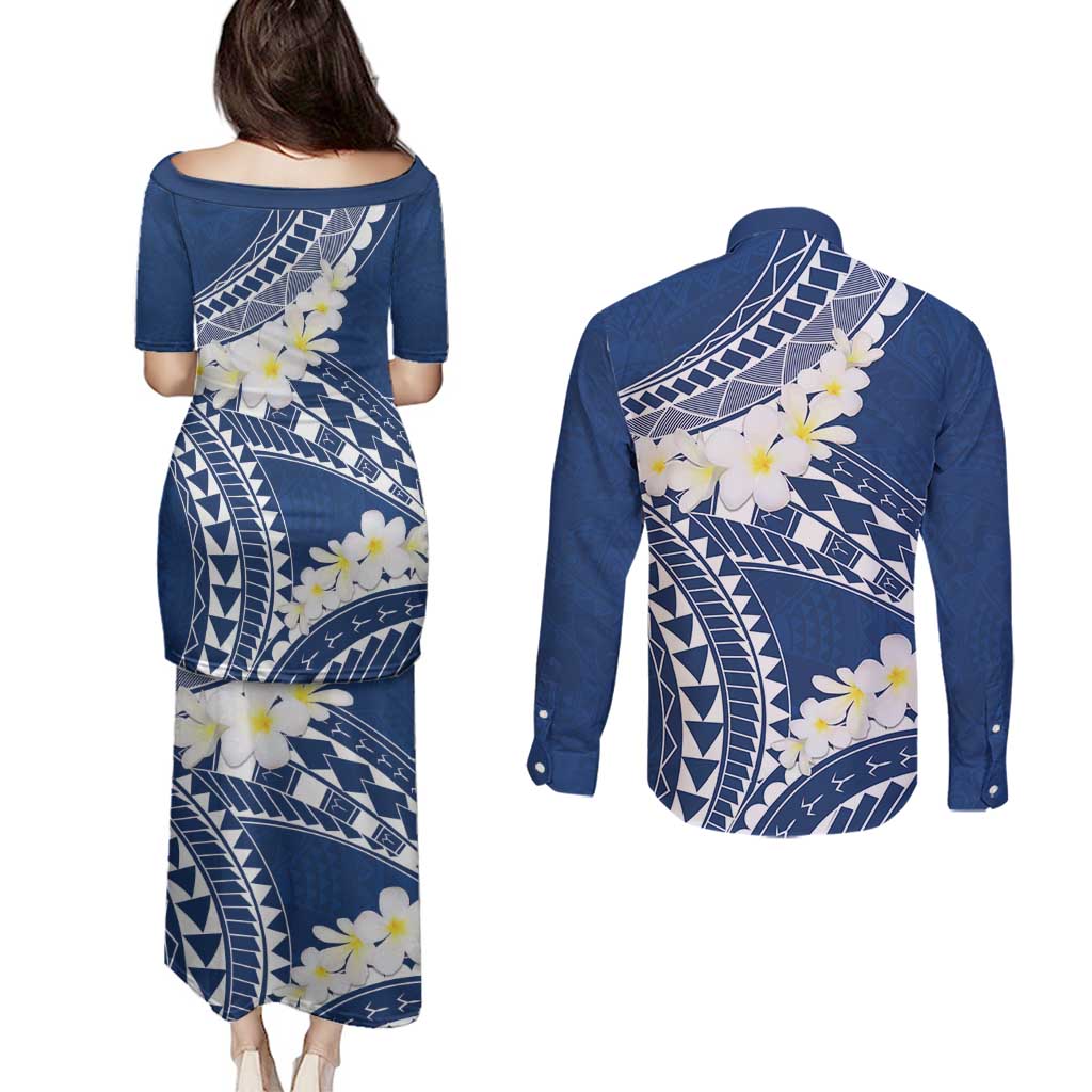 Polynesian Vintage Floral Couples Matching Puletasi and Long Sleeve Button Shirt Navy Blue Motifs - Polynesian Pride