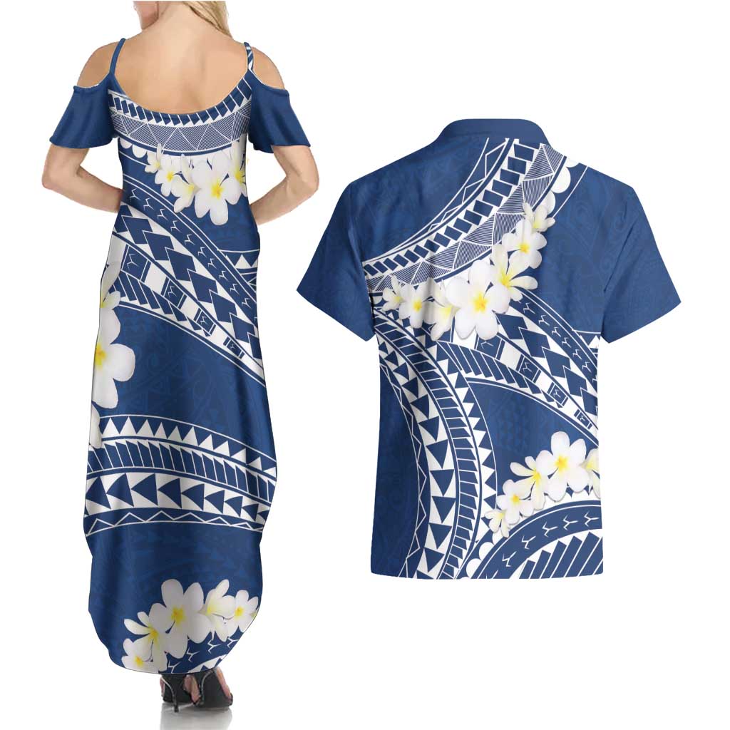 Polynesian Vintage Floral Couples Matching Summer Maxi Dress and Hawaiian Shirt Navy Blue Motifs - Polynesian Pride