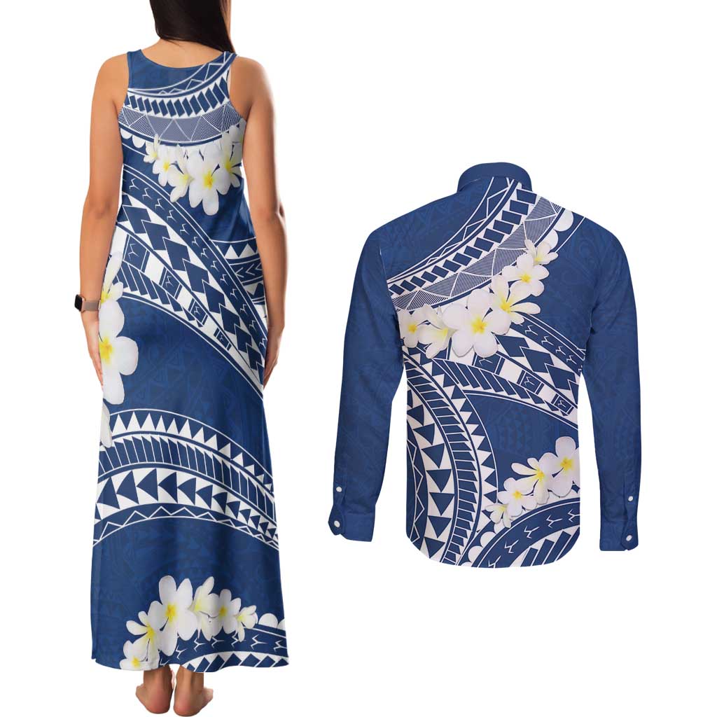 Polynesian Vintage Floral Couples Matching Tank Maxi Dress and Long Sleeve Button Shirt Navy Blue Motifs - Polynesian Pride