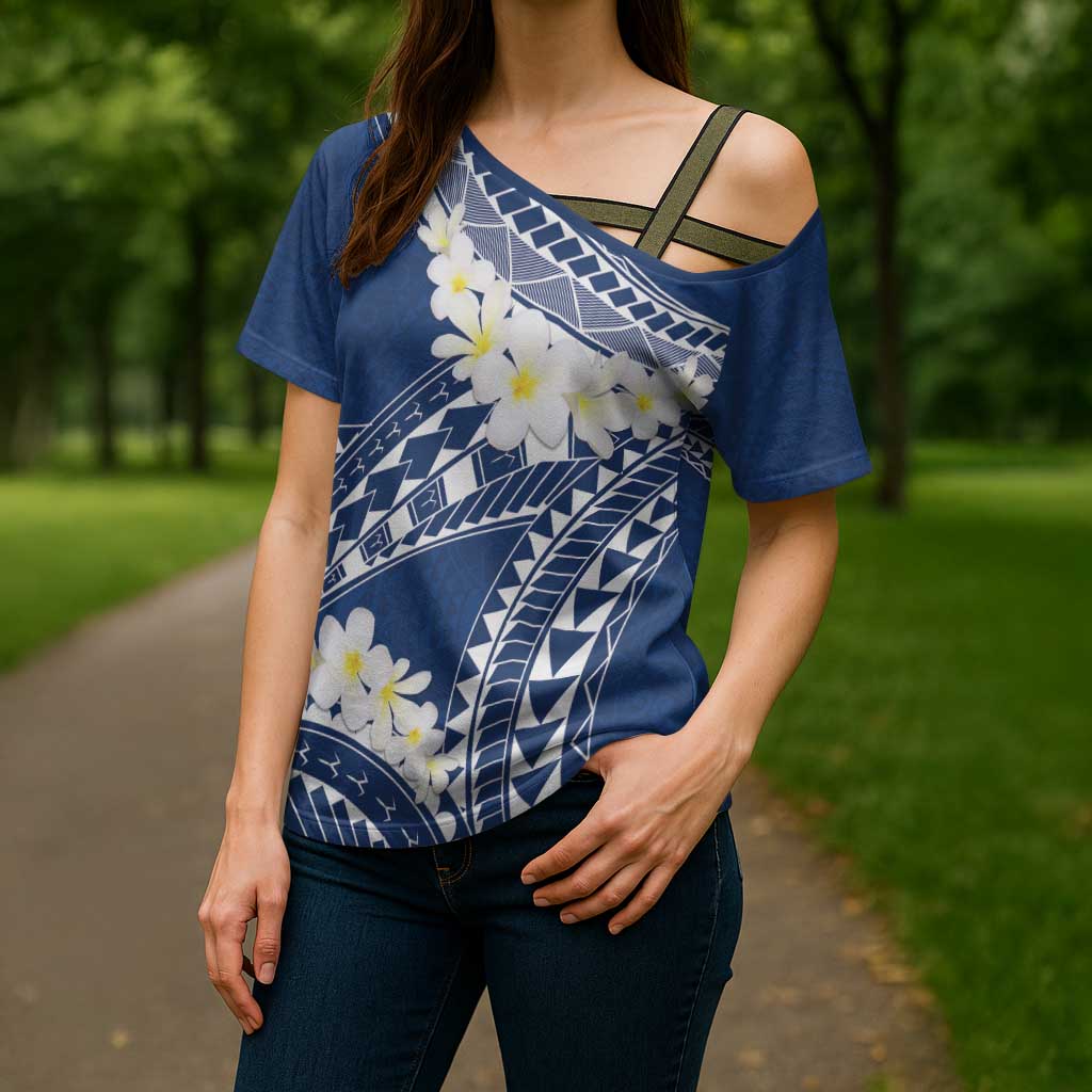 Polynesian Vintage Floral Cross Shoulder Shirt Navy Blue Motifs - Polynesian Pride
