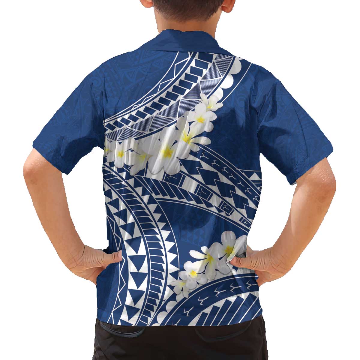 Polynesian Vintage Floral Family Matching Off The Shoulder Long Sleeve Dress and Hawaiian Shirt Navy Blue Motifs LT7 - Polynesian Pride