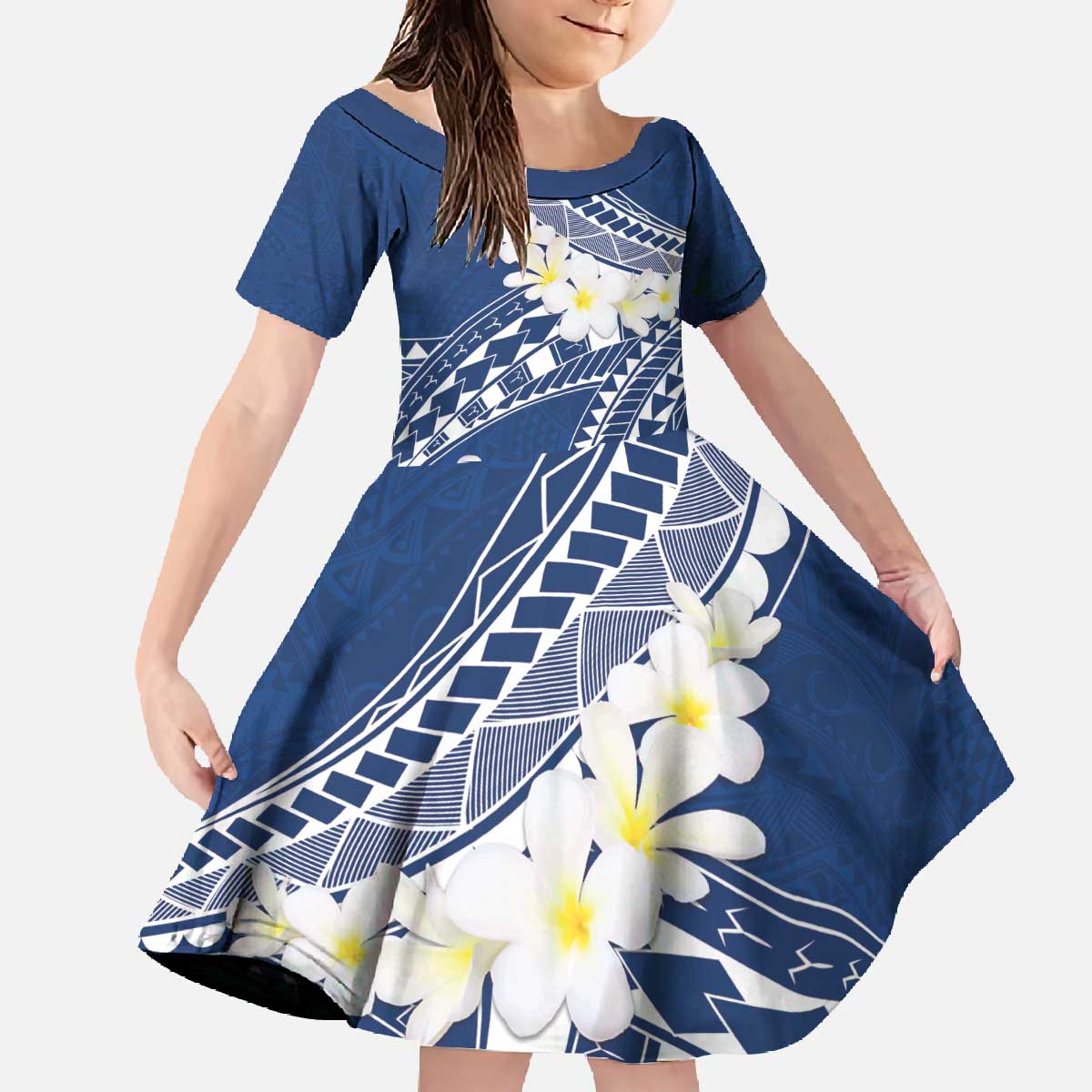 Polynesian Vintage Floral Family Matching Off The Shoulder Long Sleeve Dress and Hawaiian Shirt Navy Blue Motifs LT7 Daughter's Dress Navy Blue - Polynesian Pride