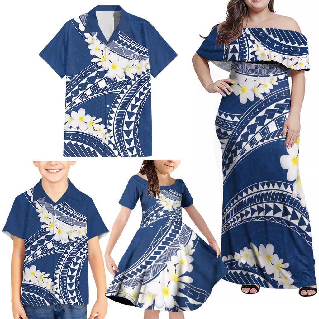 Polynesian Vintage Floral Family Matching Off Shoulder Maxi Dress and Hawaiian Shirt Navy Blue Motifs - Polynesian Pride