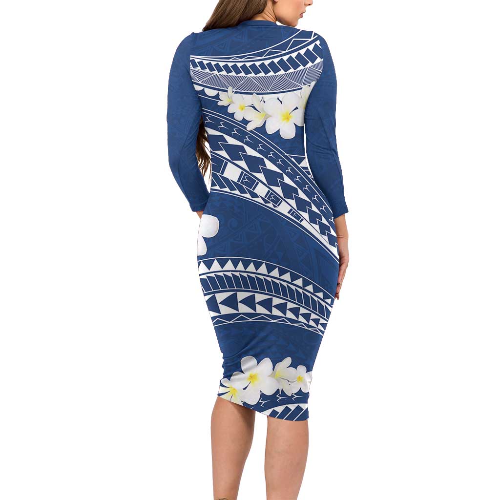Polynesian Vintage Floral Long Sleeve Bodycon Dress Navy Blue Motifs - Polynesian Pride
