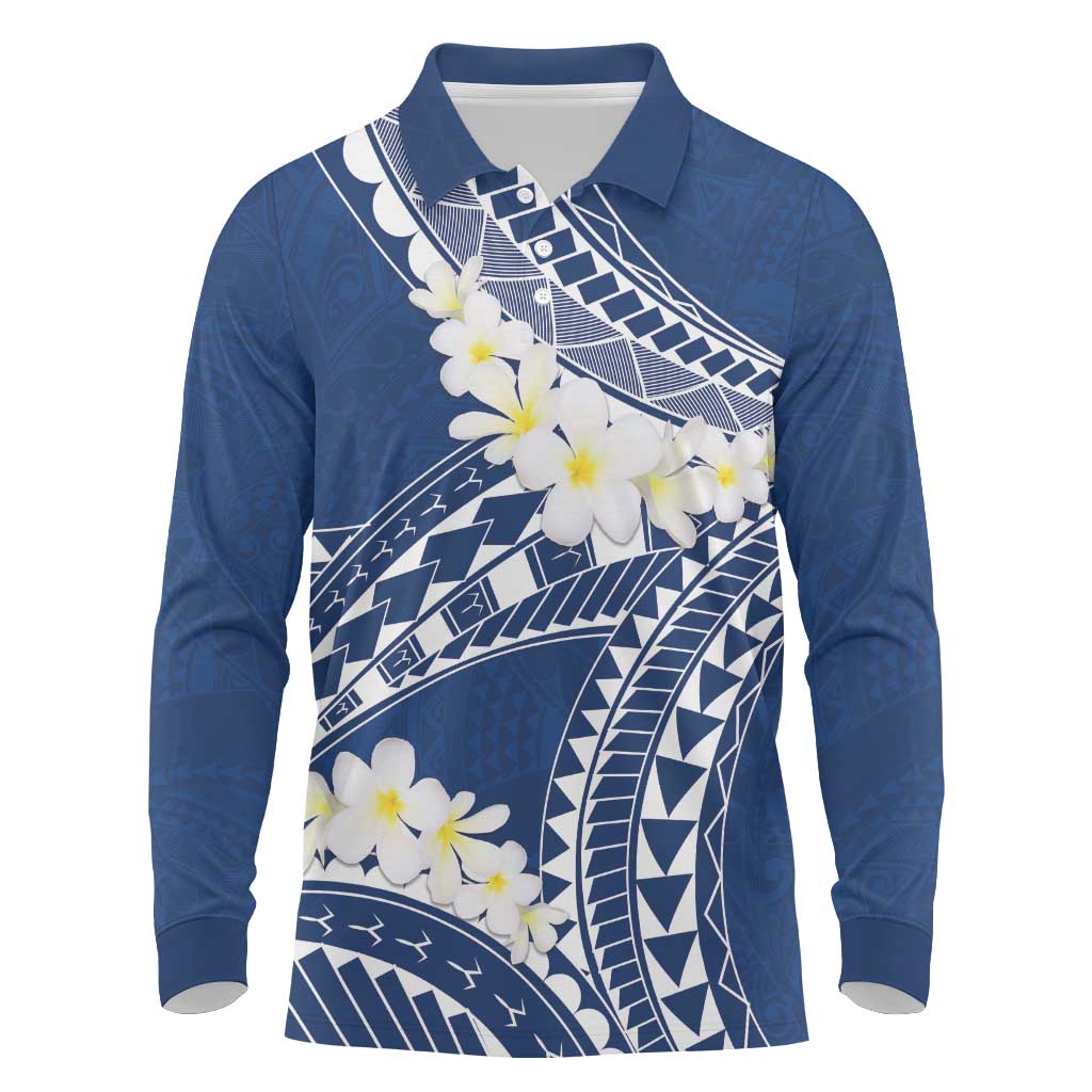 Polynesian Vintage Floral Long Sleeve Polo Shirt Navy Blue Motifs - Polynesian Pride