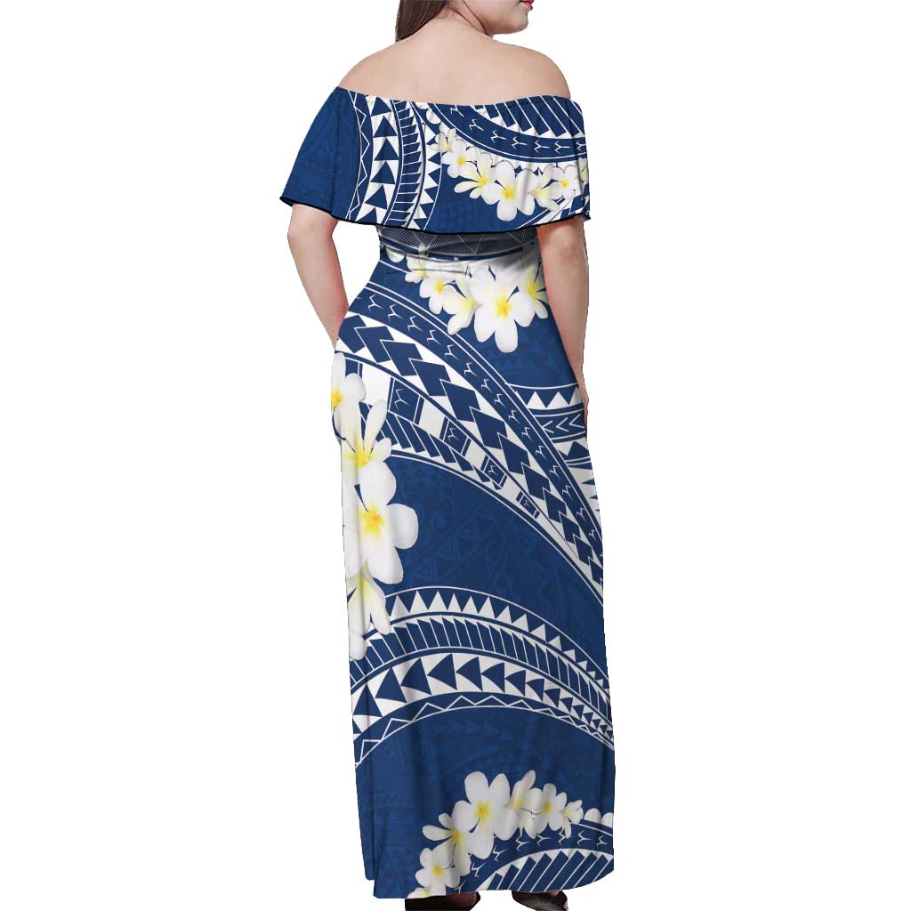 Polynesian Vintage Floral Off Shoulder Maxi Dress Navy Blue Motifs - Polynesian Pride