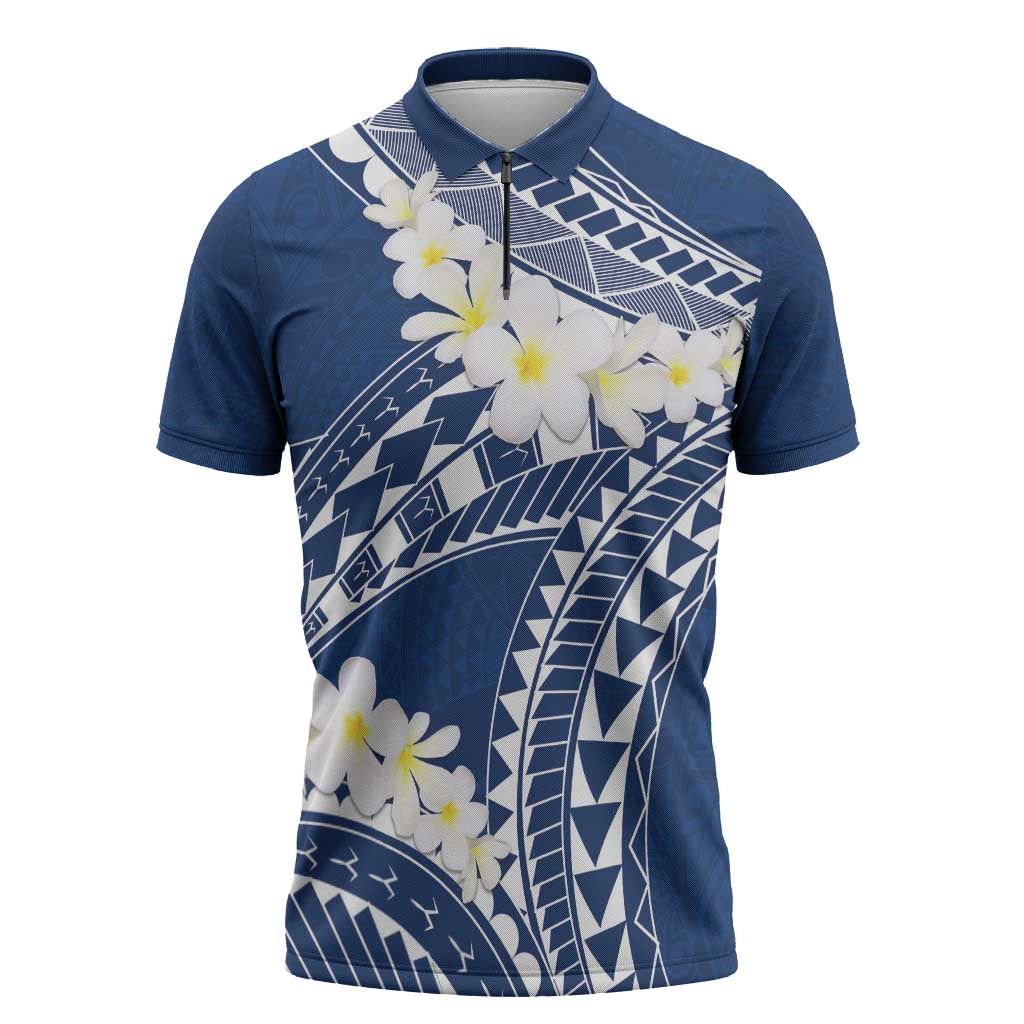 Polynesian Vintage Floral Zipper Polo Shirt Navy Blue Motifs - Polynesian Pride