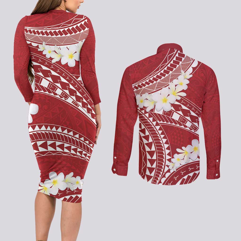 Polynesian Vintage Floral Couples Matching Long Sleeve Bodycon Dress and Long Sleeve Button Shirt Scarlet Motifs - Polynesian Pride