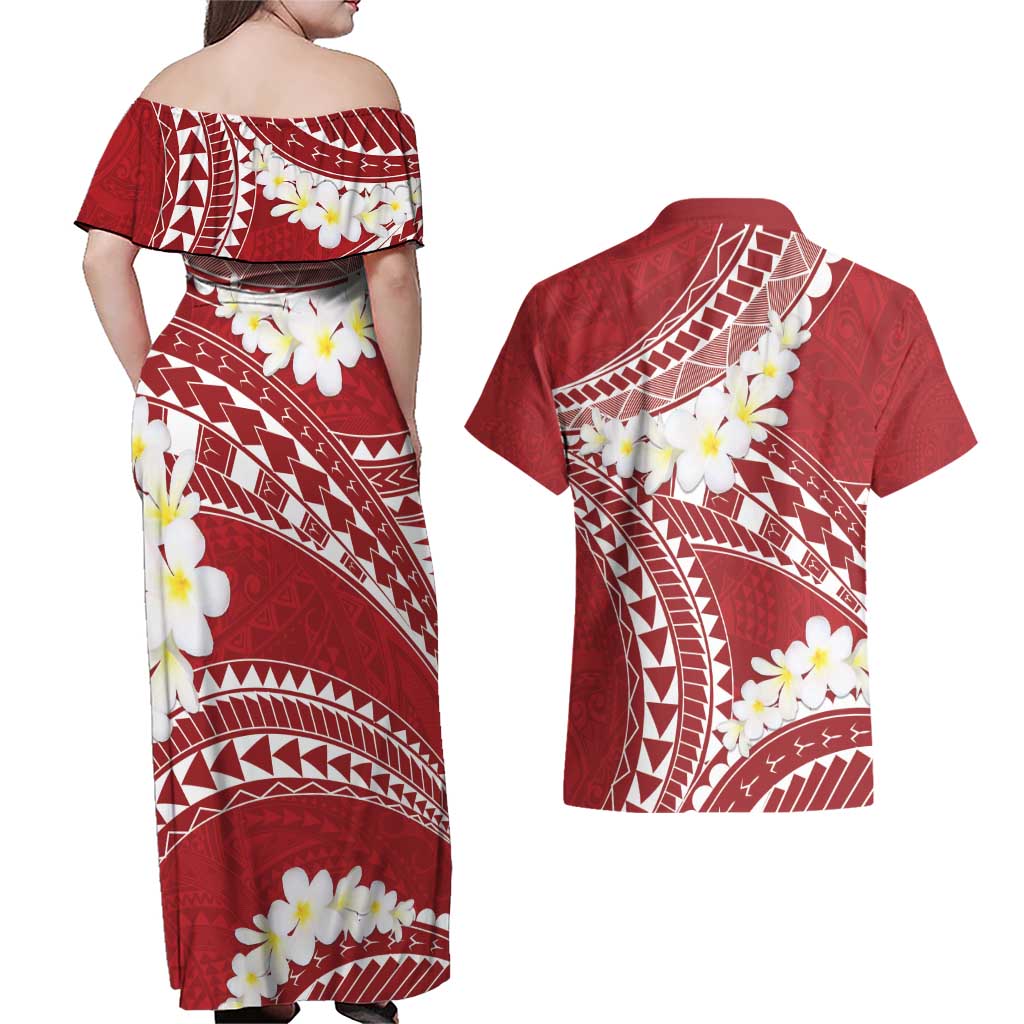 Polynesian Vintage Floral Couples Matching Off Shoulder Maxi Dress and Hawaiian Shirt Scarlet Motifs - Polynesian Pride