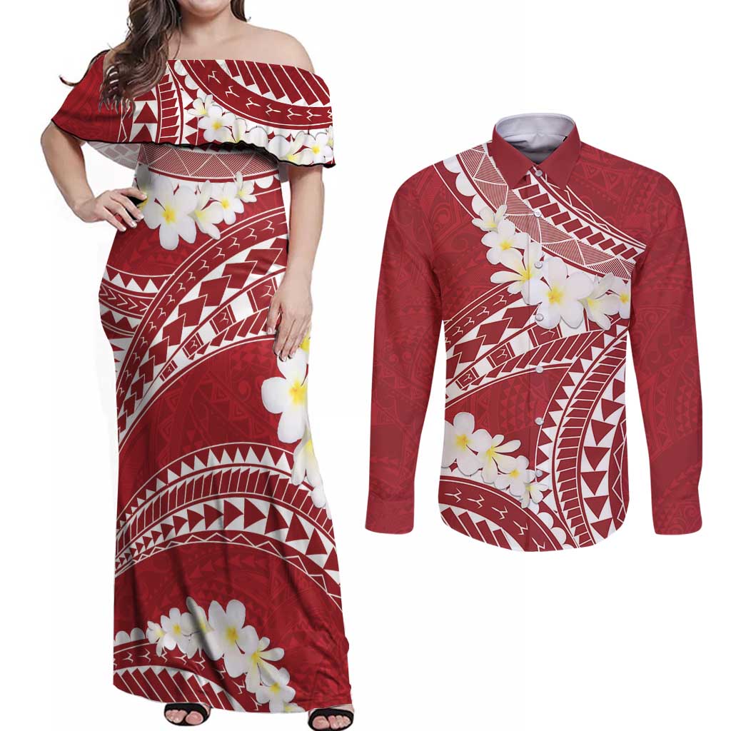 Polynesian Vintage Floral Couples Matching Off Shoulder Maxi Dress and Long Sleeve Button Shirt Scarlet Motifs - Polynesian Pride