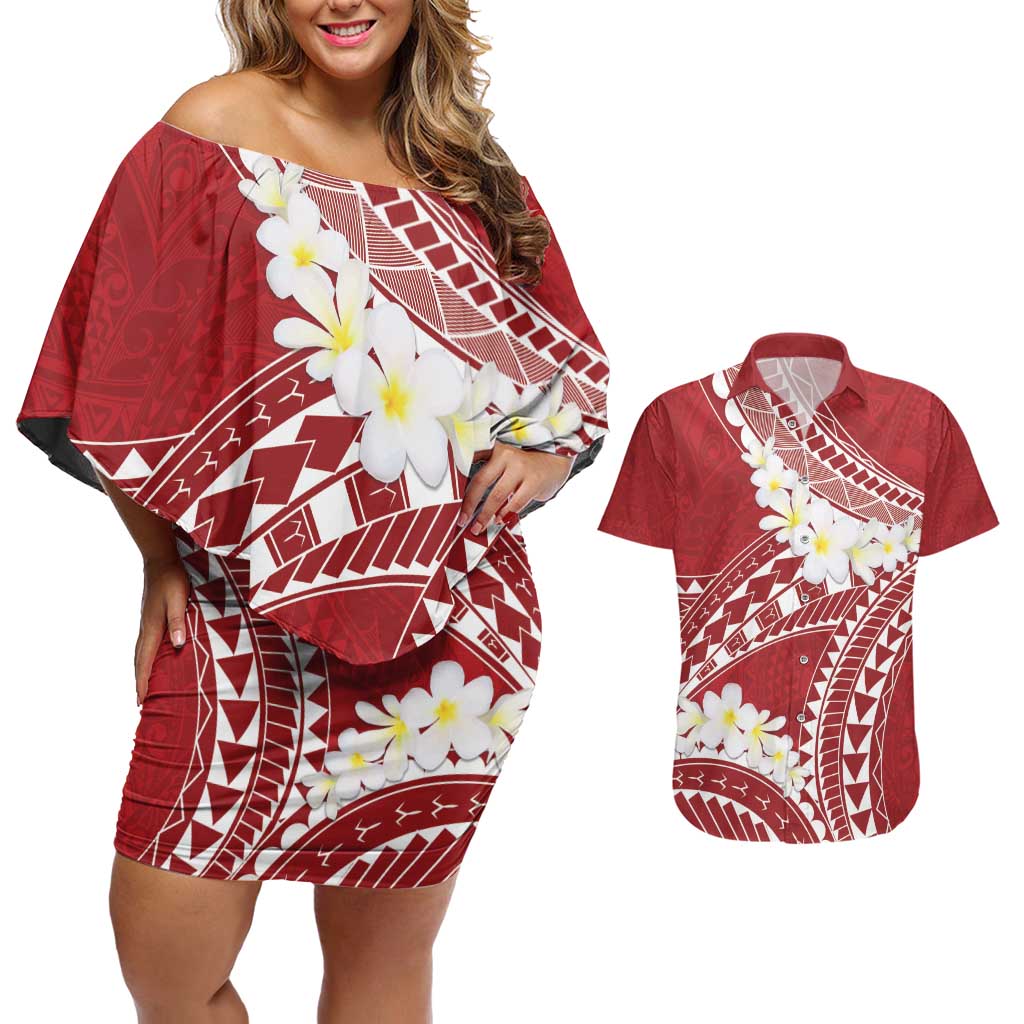 Polynesian Vintage Floral Couples Matching Off Shoulder Short Dress and Hawaiian Shirt Scarlet Motifs - Polynesian Pride