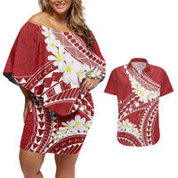 Polynesian Vintage Floral Couples Matching Off Shoulder Short Dress and Hawaiian Shirt Scarlet Motifs - Polynesian Pride