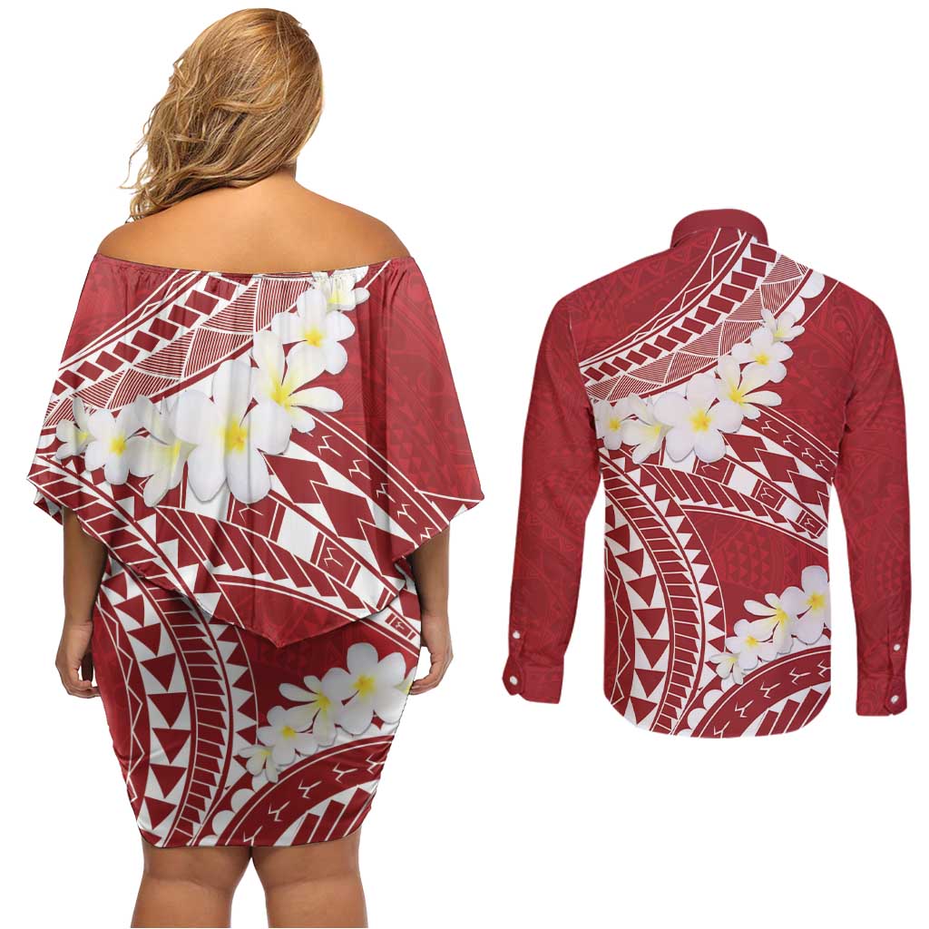 Polynesian Vintage Floral Couples Matching Off Shoulder Short Dress and Long Sleeve Button Shirt Scarlet Motifs - Polynesian Pride