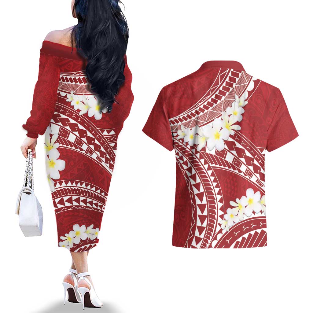 Polynesian Vintage Floral Couples Matching Off The Shoulder Long Sleeve Dress and Hawaiian Shirt Scarlet Motifs - Polynesian Pride