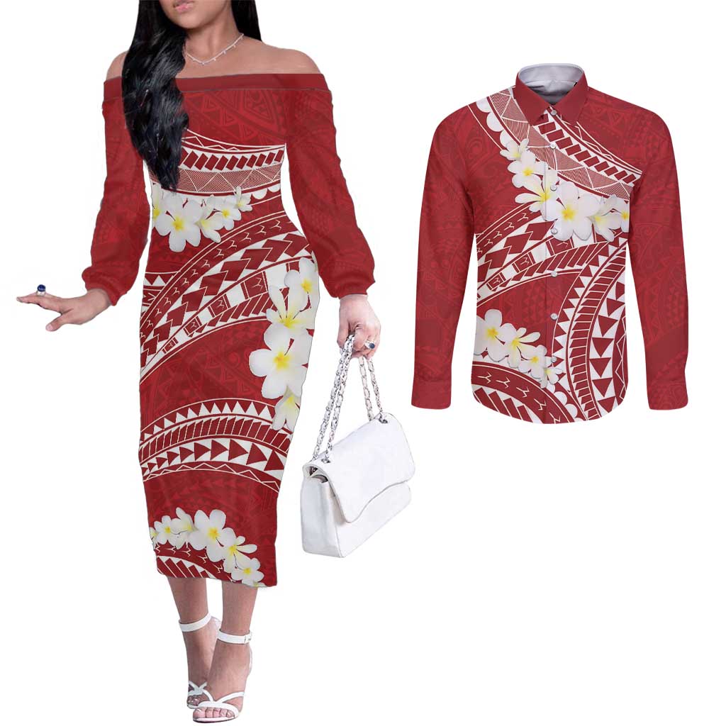 Polynesian Vintage Floral Couples Matching Off The Shoulder Long Sleeve Dress and Long Sleeve Button Shirt Scarlet Motifs - Polynesian Pride