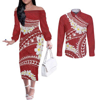 Polynesian Vintage Floral Couples Matching Off The Shoulder Long Sleeve Dress and Long Sleeve Button Shirt Scarlet Motifs - Polynesian Pride
