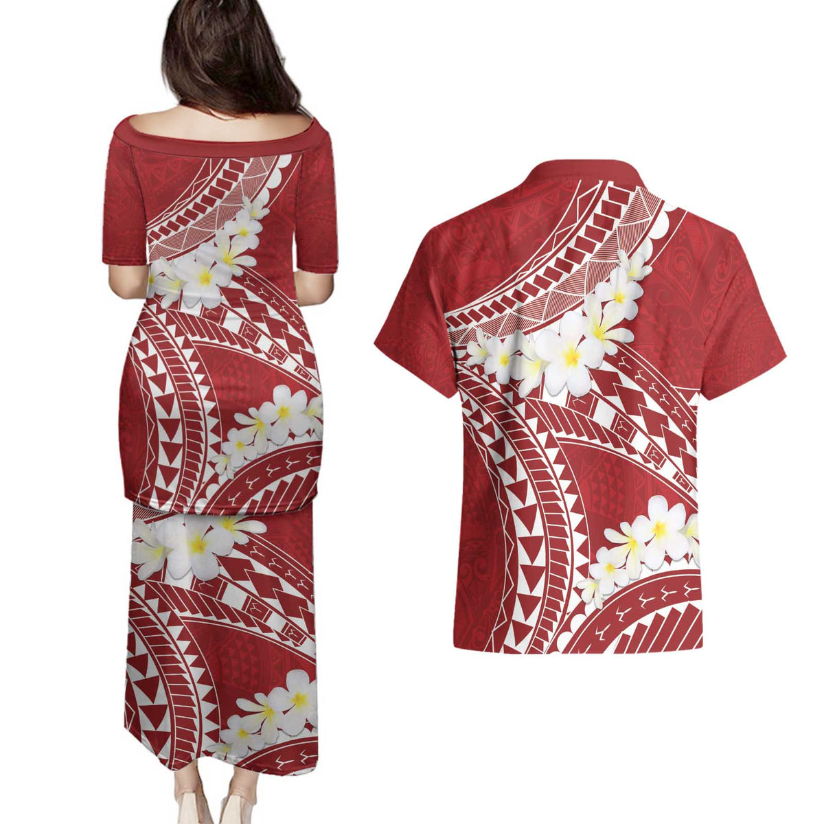 Polynesian Vintage Floral Couples Matching Puletasi and Hawaiian Shirt Scarlet Motifs - Polynesian Pride