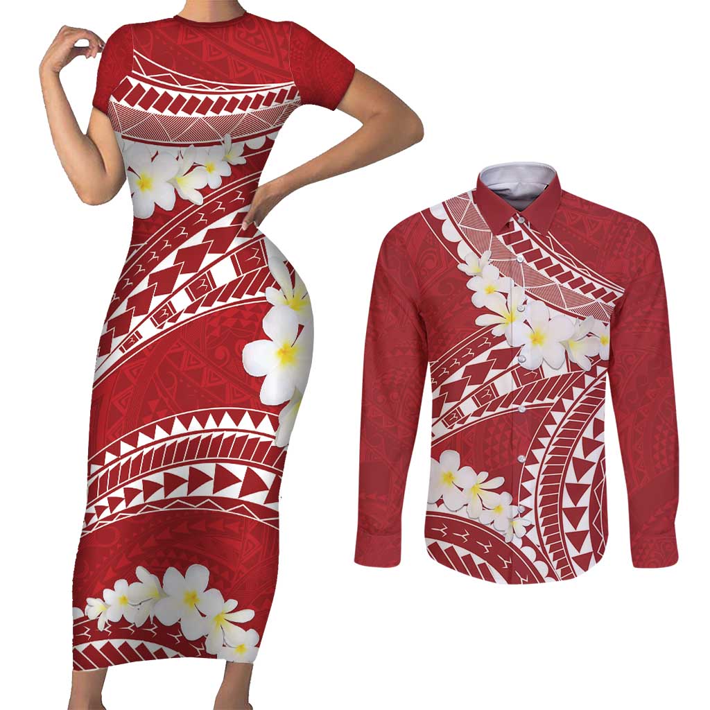 Polynesian Vintage Floral Couples Matching Short Sleeve Bodycon Dress and Long Sleeve Button Shirt Scarlet Motifs - Polynesian Pride