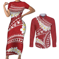 Polynesian Vintage Floral Couples Matching Short Sleeve Bodycon Dress and Long Sleeve Button Shirt Scarlet Motifs - Polynesian Pride