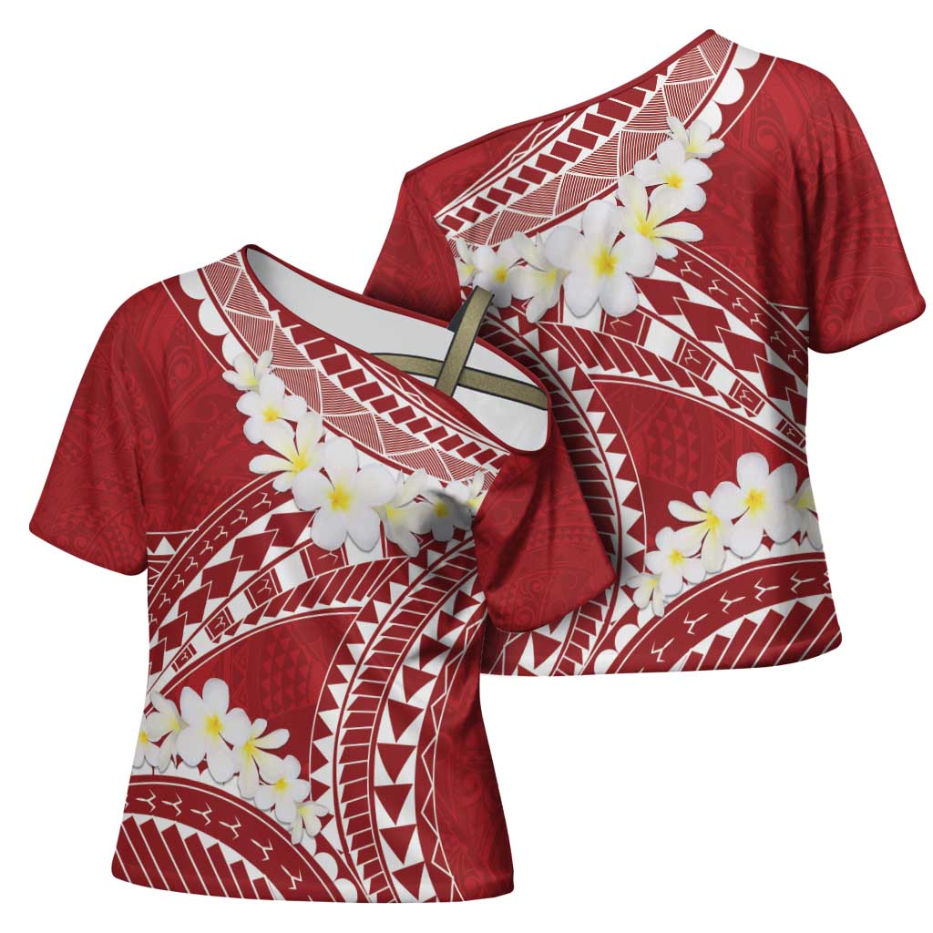 Polynesian Vintage Floral Cross Shoulder Shirt Scarlet Motifs - Polynesian Pride