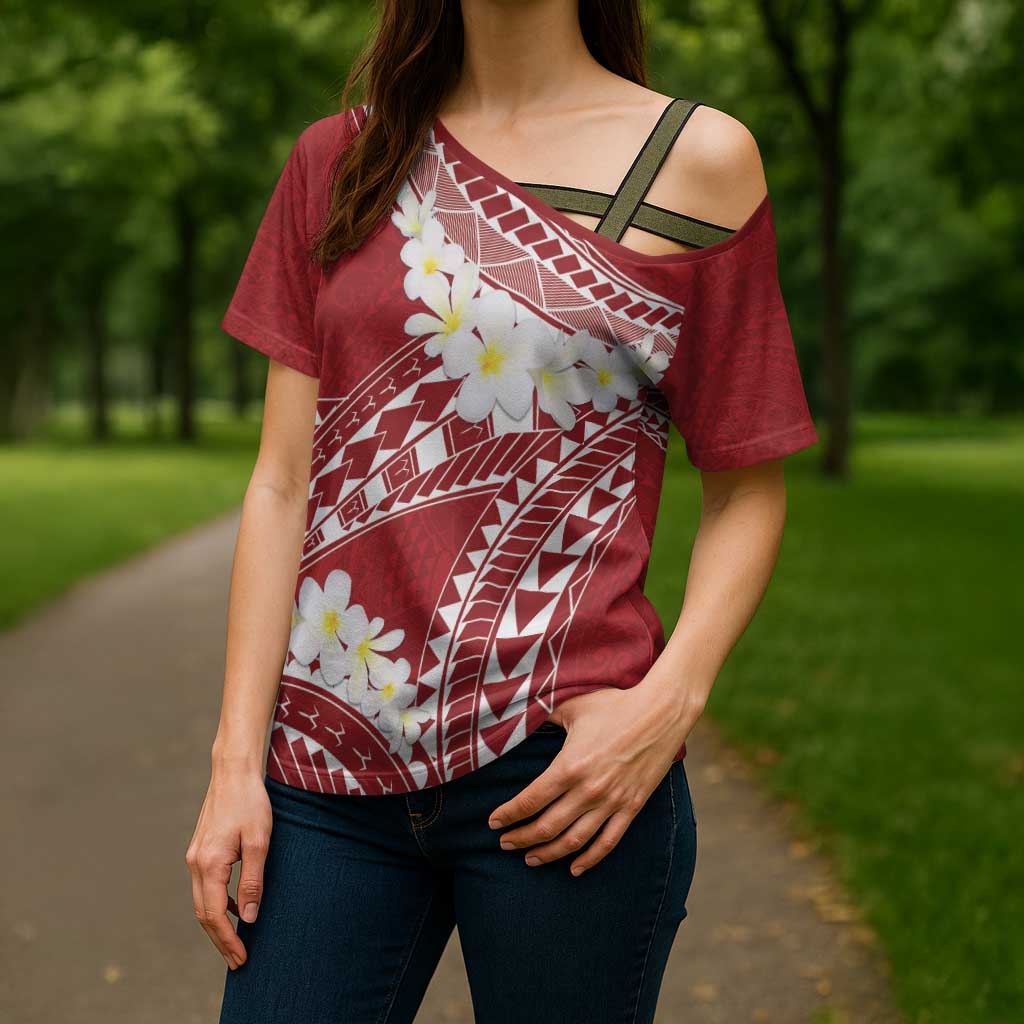 Polynesian Vintage Floral Cross Shoulder Shirt Scarlet Motifs - Polynesian Pride