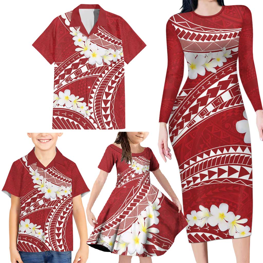 Polynesian Vintage Floral Family Matching Long Sleeve Bodycon Dress and Hawaiian Shirt Scarlet Motifs - Polynesian Pride