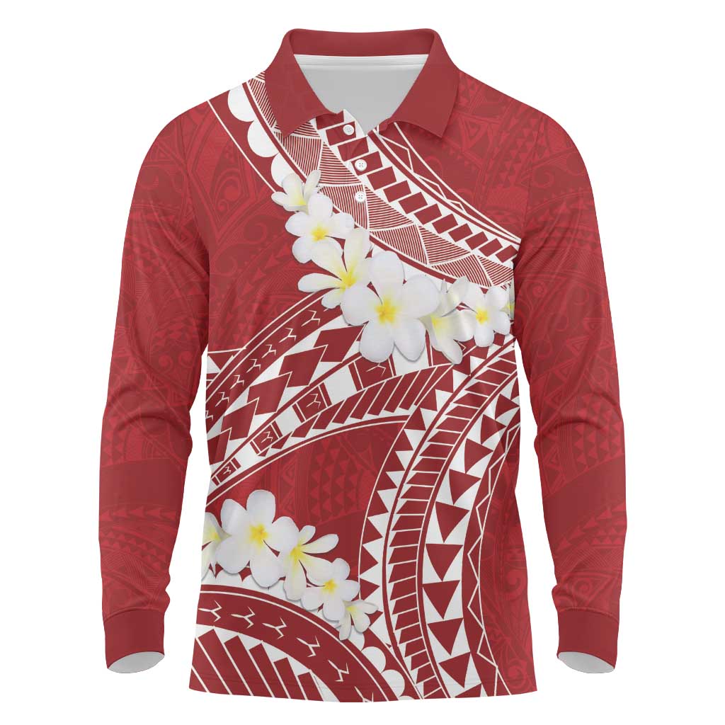 Polynesian Vintage Floral Long Sleeve Polo Shirt Scarlet Motifs LT7 Scarlet - Polynesian Pride
