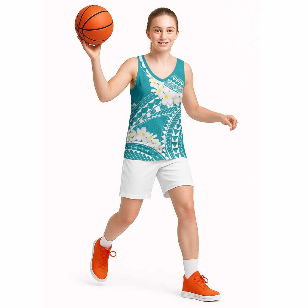 Polynesian Vintage Floral Basketball Jersey Teal Motifs - Polynesian Pride