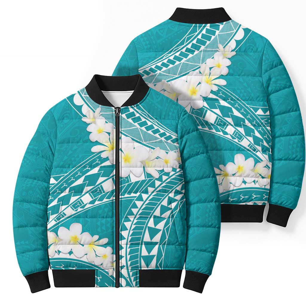 Polynesian Vintage Floral Bomber Puffer Jacket Teal Motifs - Polynesian Pride