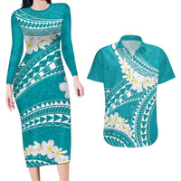 Polynesian Vintage Floral Couples Matching Long Sleeve Bodycon Dress and Hawaiian Shirt Teal Motifs - Polynesian Pride