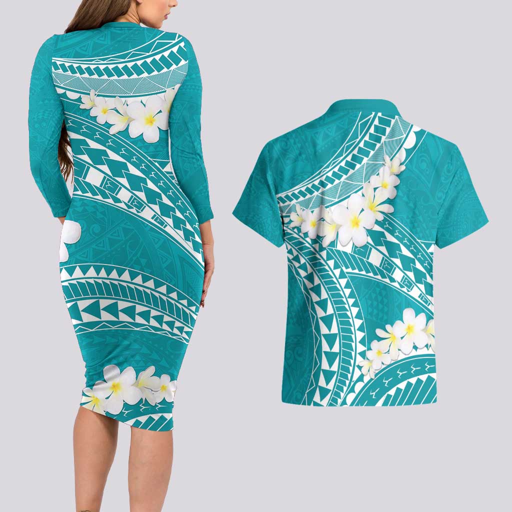 Polynesian Vintage Floral Couples Matching Long Sleeve Bodycon Dress and Hawaiian Shirt Teal Motifs - Polynesian Pride