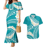 Polynesian Vintage Floral Couples Matching Mermaid Dress and Hawaiian Shirt Teal Motifs - Polynesian Pride