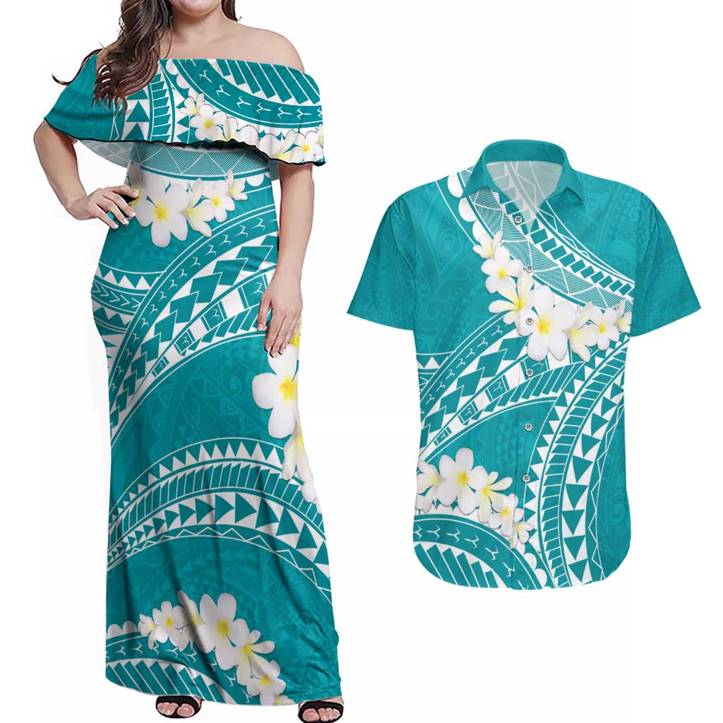 Polynesian Vintage Floral Couples Matching Off Shoulder Maxi Dress and Hawaiian Shirt Teal Motifs - Polynesian Pride