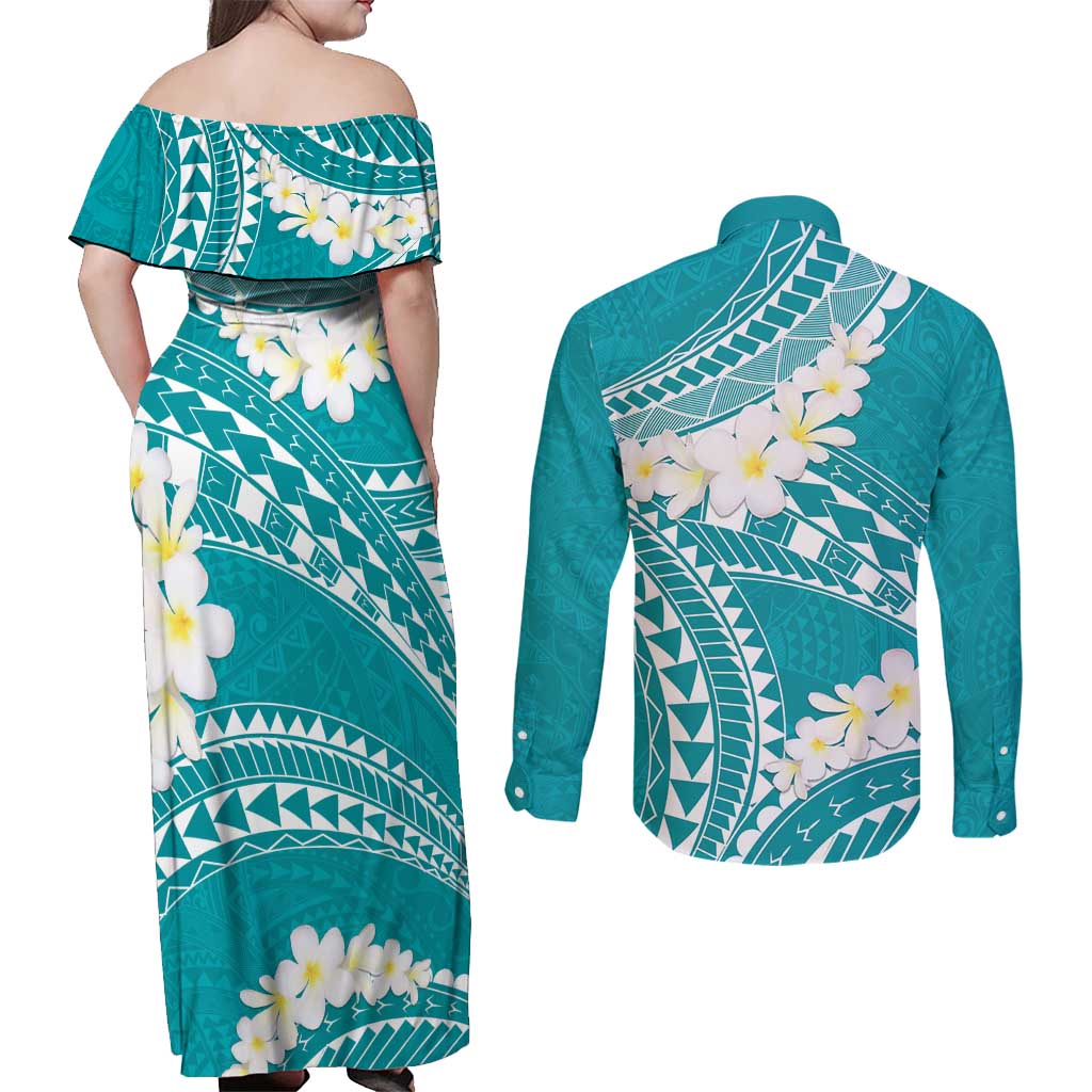 Polynesian Vintage Floral Couples Matching Off Shoulder Maxi Dress and Long Sleeve Button Shirt Teal Motifs - Polynesian Pride