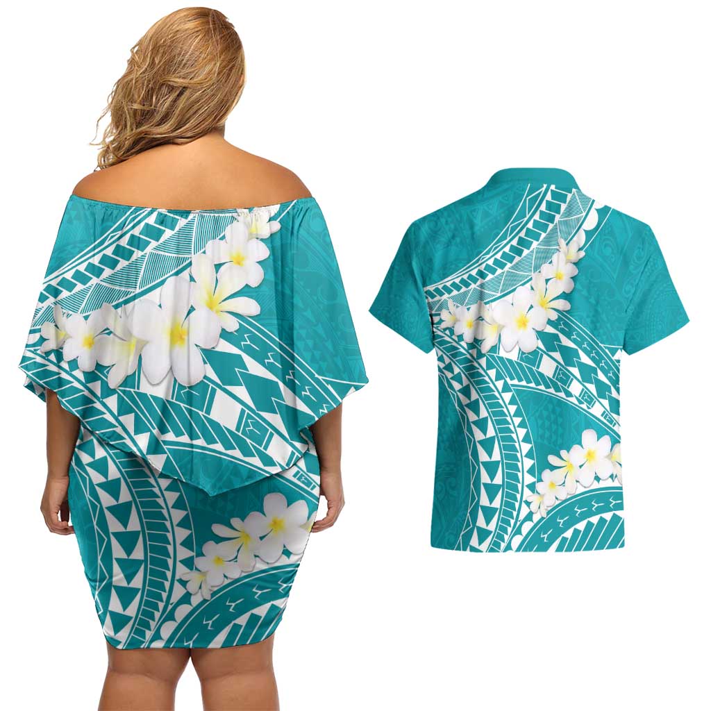 Polynesian Vintage Floral Couples Matching Off Shoulder Short Dress and Hawaiian Shirt Teal Motifs - Polynesian Pride