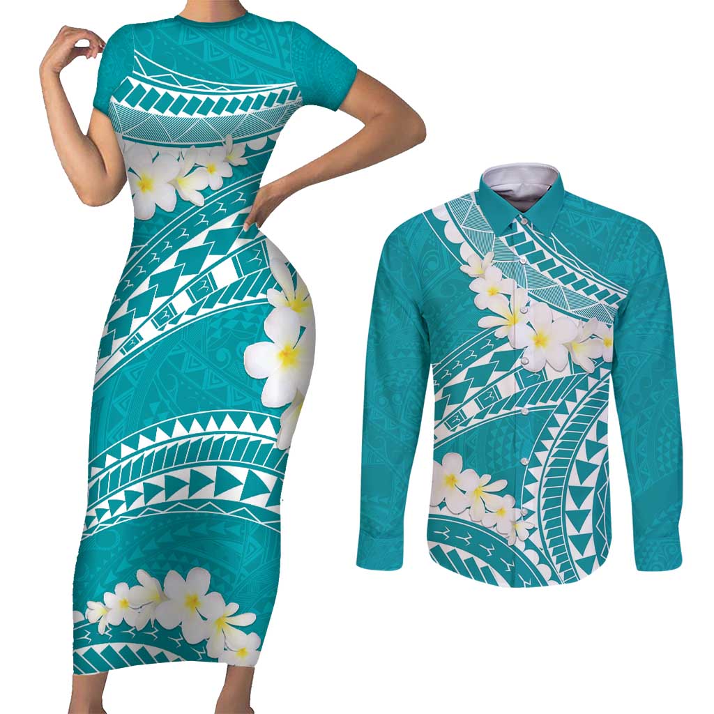Polynesian Vintage Floral Couples Matching Short Sleeve Bodycon Dress and Long Sleeve Button Shirt Teal Motifs - Polynesian Pride
