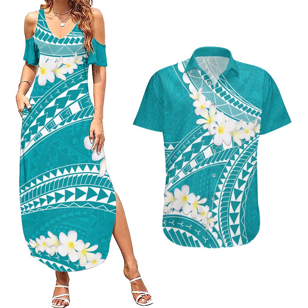 Polynesian Vintage Floral Couples Matching Summer Maxi Dress and Hawaiian Shirt Teal Motifs - Polynesian Pride