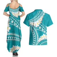 Polynesian Vintage Floral Couples Matching Summer Maxi Dress and Hawaiian Shirt Teal Motifs - Polynesian Pride