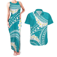 Polynesian Vintage Floral Couples Matching Tank Maxi Dress and Hawaiian Shirt Teal Motifs - Polynesian Pride